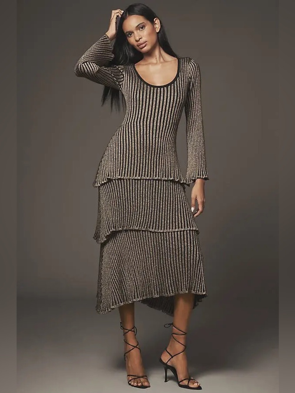 Anthropologie Y2K Glam Siempre Gold Shimmer Tiered Midi Dress L NWT Party
